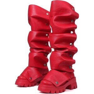 Women's Red Pu Fold Over Knee Slouchy Ruched Stacked Heel Round Toe Boots